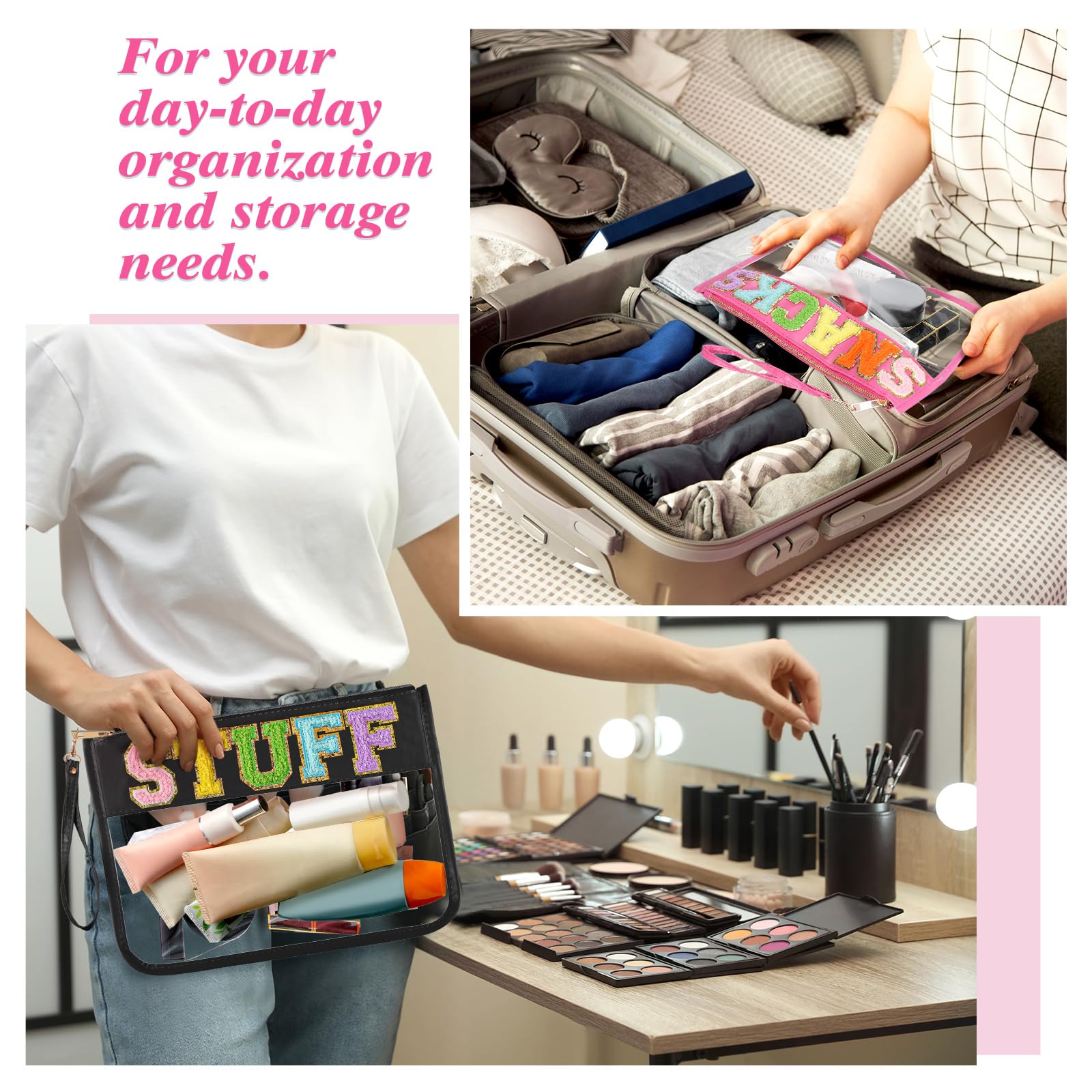 Sanwuta Chenille Letter Clear Zipper Pouch, 2Pcs Set, Classic Stuff Snacks, PU Leather, Transparent Travel Patch Pouch for Cosme