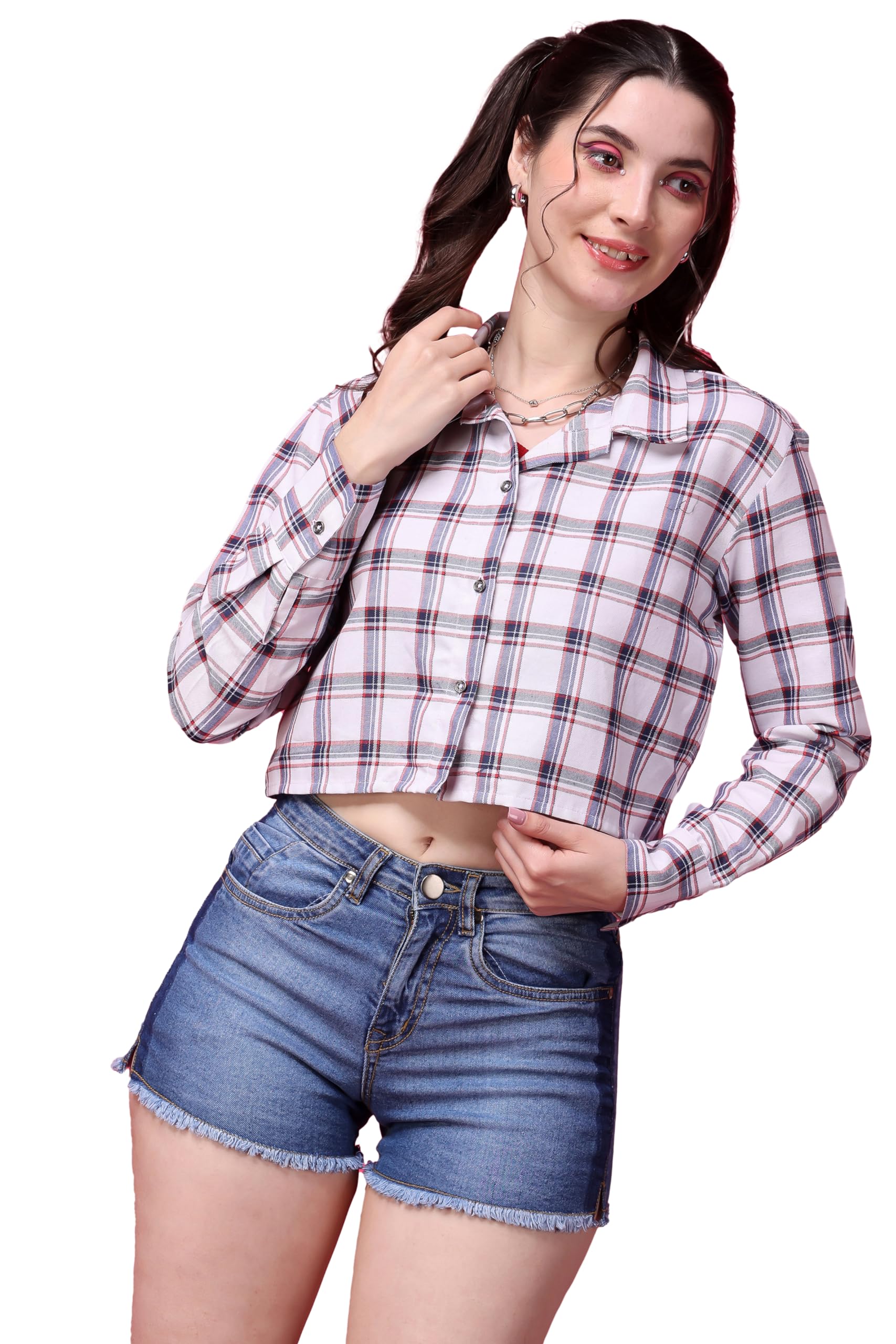 POPWINGS Casual Pure Cotton Checks Crop Shirt for Women | Stylish Western Crop Shirt for Women | Full Sleeves Crop Shirt for Wom
