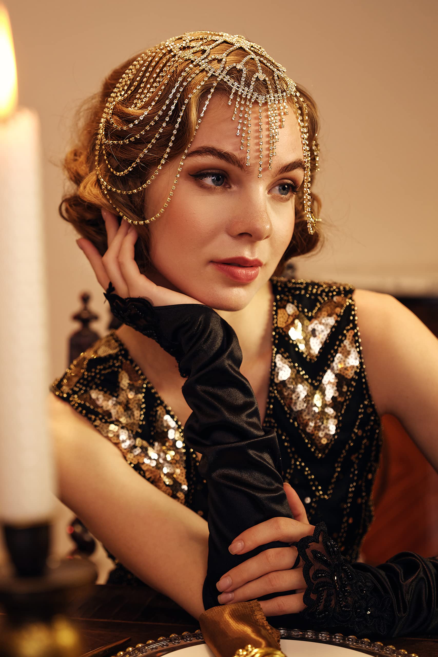 BABEYOND Vintage Style Roaring 20s Crystal Rhinestone Flapper Cap Headpiece Head Jewelry Chains