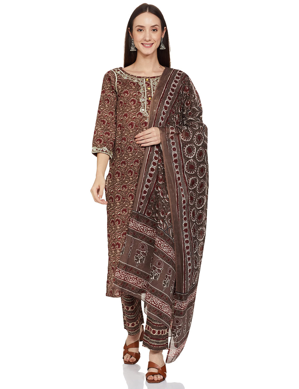 Anubhutee Women'S Cotton Brown Floral Printed Straight Kurta Suit Set With Pants And Dupatta