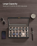 SONGMICS 12-Slot Watch Box, Solid Wood Organizer With Glass Lid, Display Case With Removable Pillows, Gift for Loved Ones, Ebony