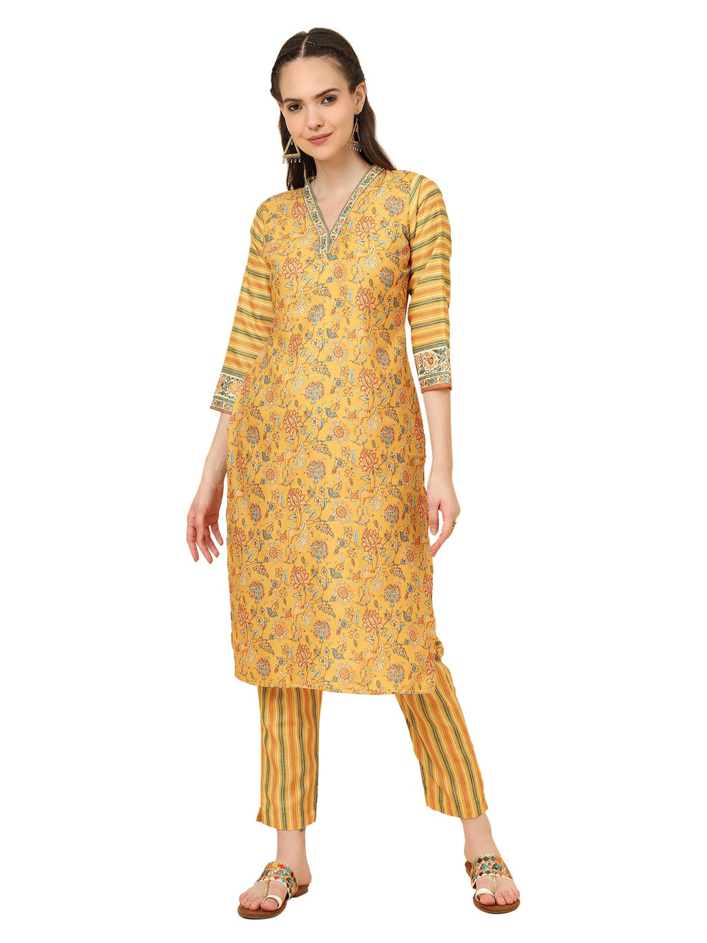 Avanova Women'S Yellow Cotton Blend V Neck, 3/4 Sleeve Straight Printed Kurta With Pant (Kp 93 Yellow 2Xl)
