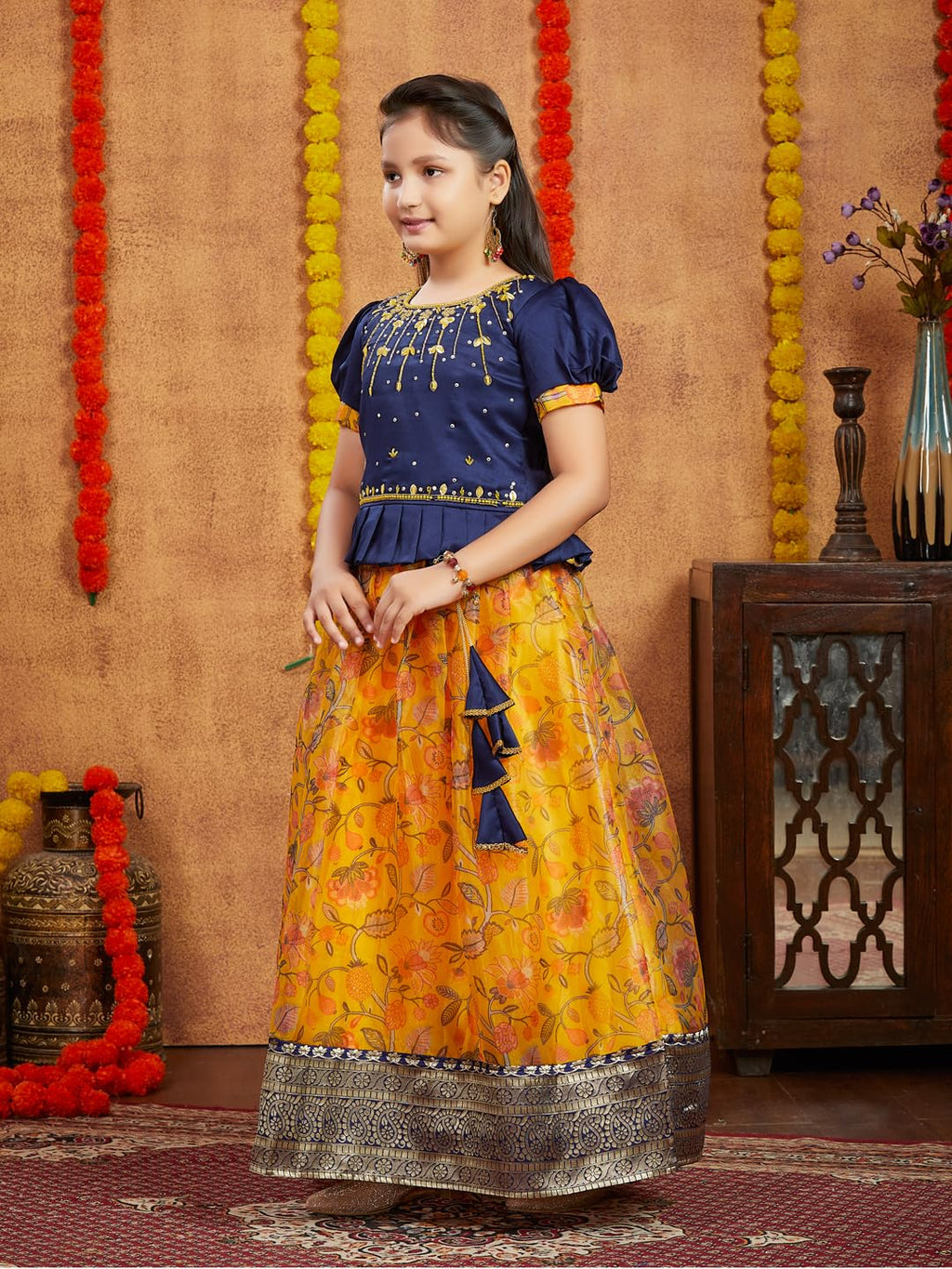 Aarika Girls Ethnic Wear Navy Blue Colour Beads Hand Embroidery Silk Lehenga Choli Set (4-10 Years)