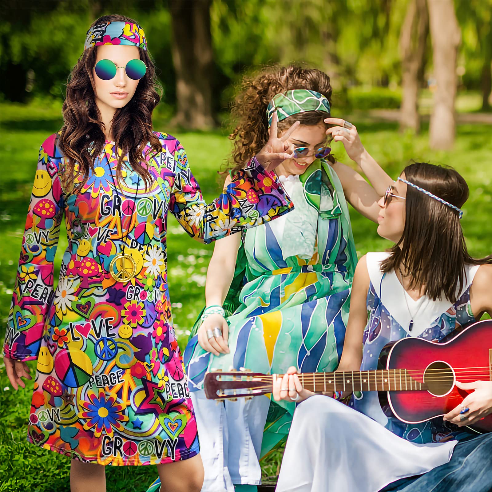 MRYUWB 70s Hippie Dress Costumes Necklace Earrings Sunglass Women Disco Outfit, 60s Party Costume, Halloween Retro Dresses (Love