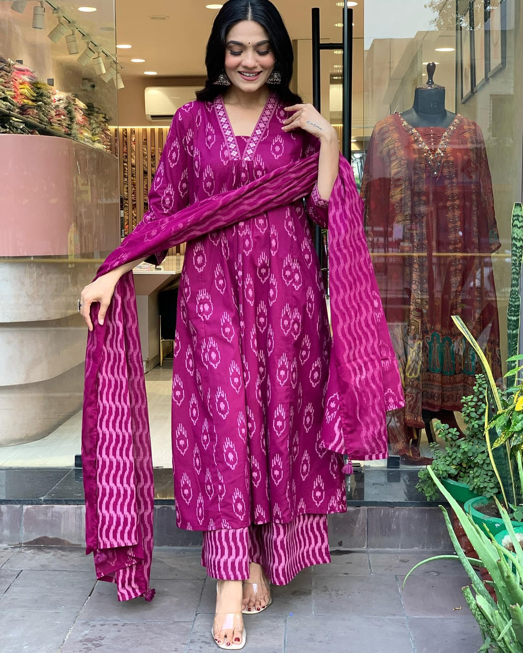 ANNI DESIGNER Womens Rayon Viscose Printed Anarkali Kurta with Palazzo & Dupatta (DIPA Rani_M_Pink_Medium)