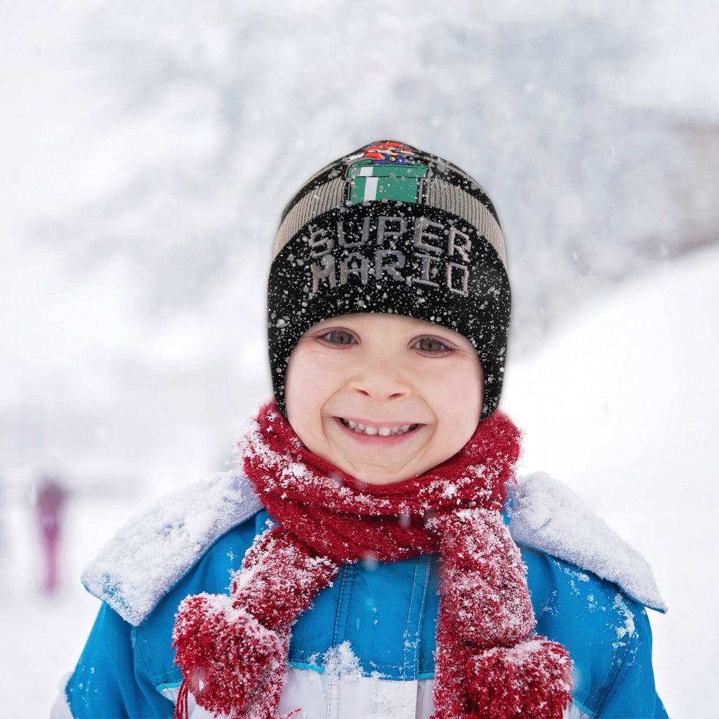 Nintendo Boys Winter Hat And Kids Gloves Set, Super Mario Beanie For Ages 4-7, Grey/Black