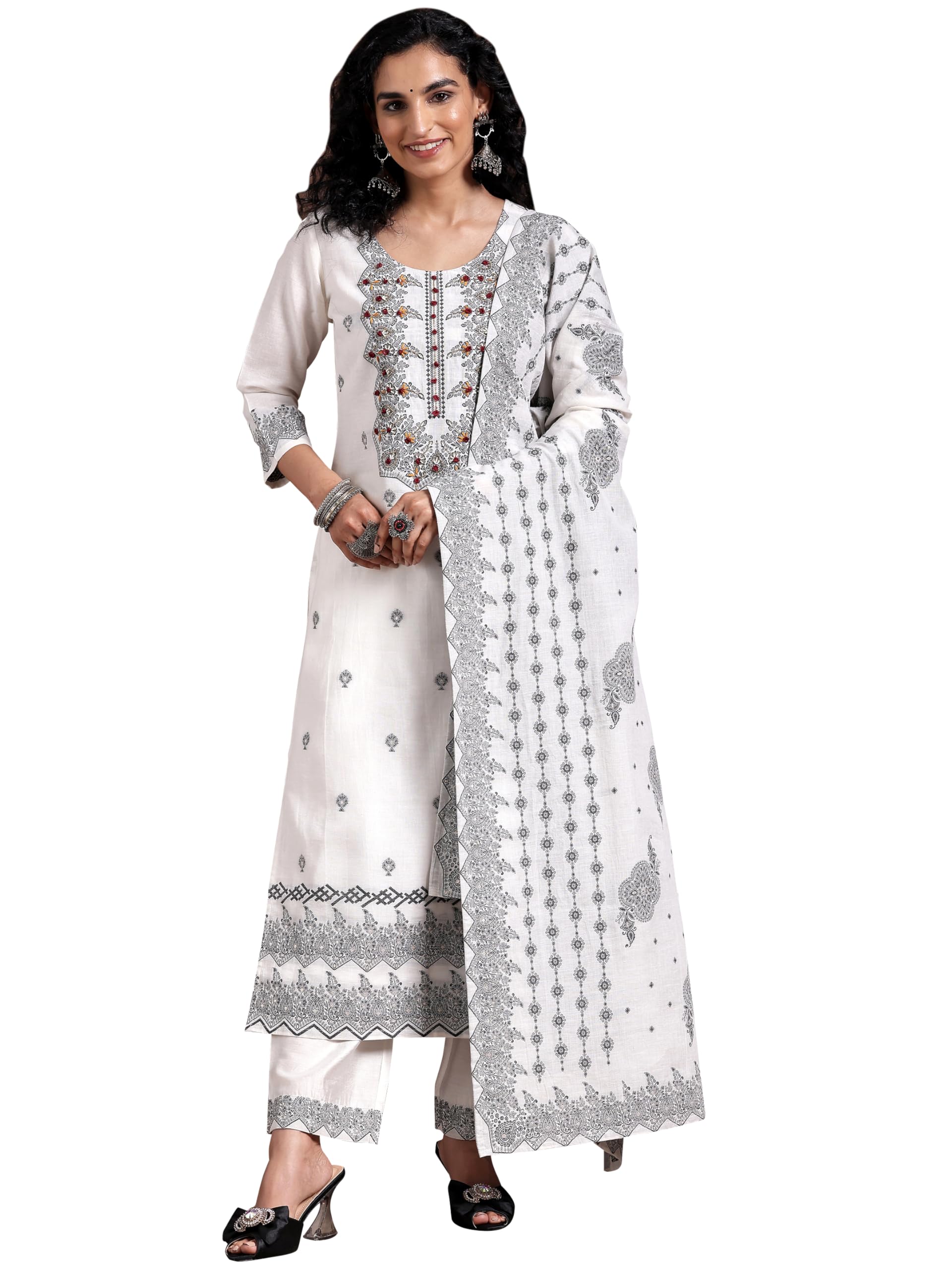 White Woven Design Linen Straight Kurta With Palazzos & Dupatta