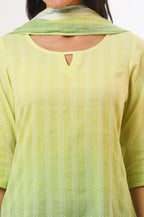 Aurelia Women'S Green Yarn Dyed Pure Cotton Straight Kurta With Palazzo & Dupatta Set