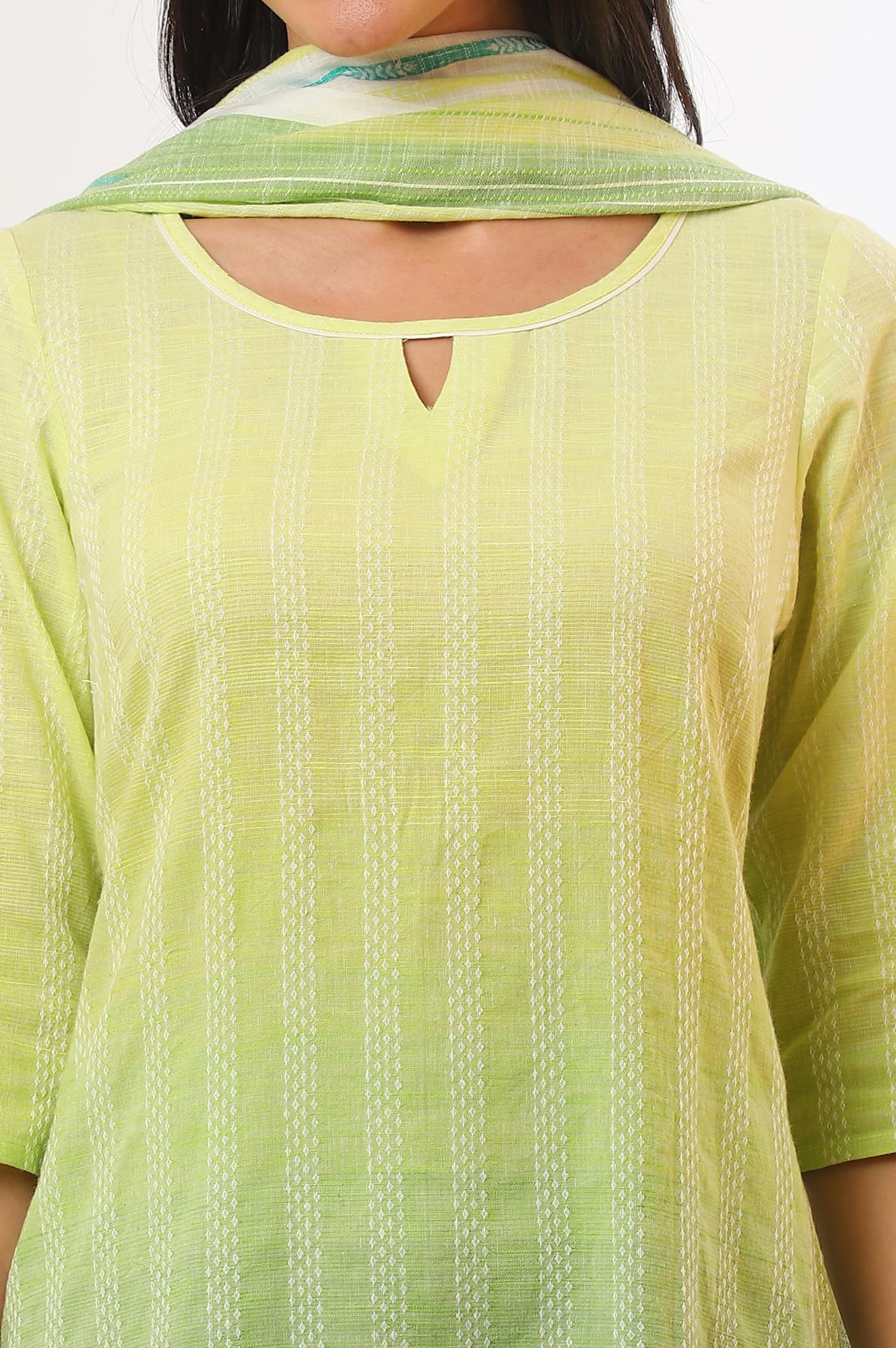 Aurelia Women'S Green Yarn Dyed Pure Cotton Straight Kurta With Palazzo & Dupatta Set