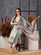 ANNI DESIGNER Ladies Cotton Blend Dupatta Kurta Trousers, green, S