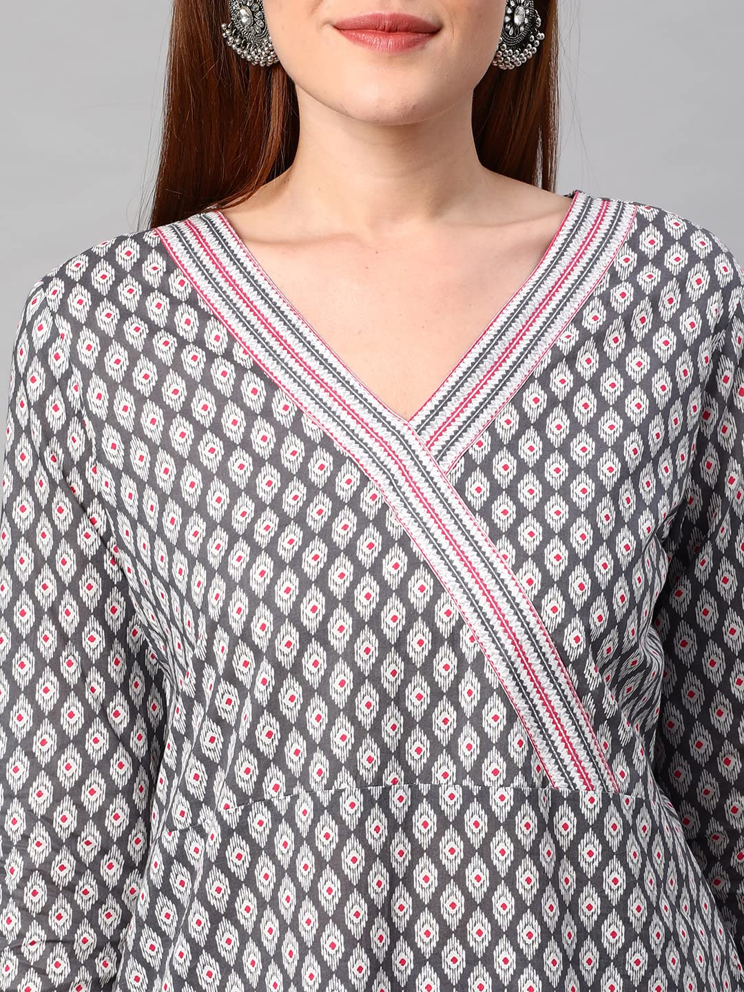 ANNI DESIGNER Womens Cotton Blend Printed Straight Kurta with Pant (Jinki-White & Grey_M_Dark Blue_Medium)