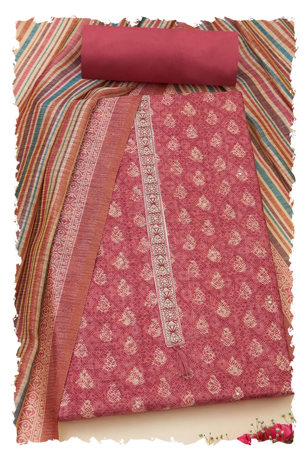 Soch Women Tussar Abstract Print Unstitched Dress Material with Faux Mirror