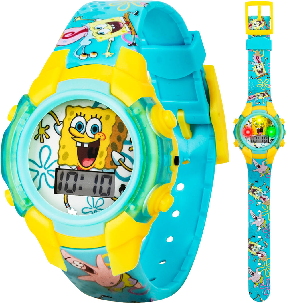 Accutime Nickelodeon Spongebob Squarepants Kids LCD Watch with LED Lights - Colorful Character Strap, Interactive Flashing Displ