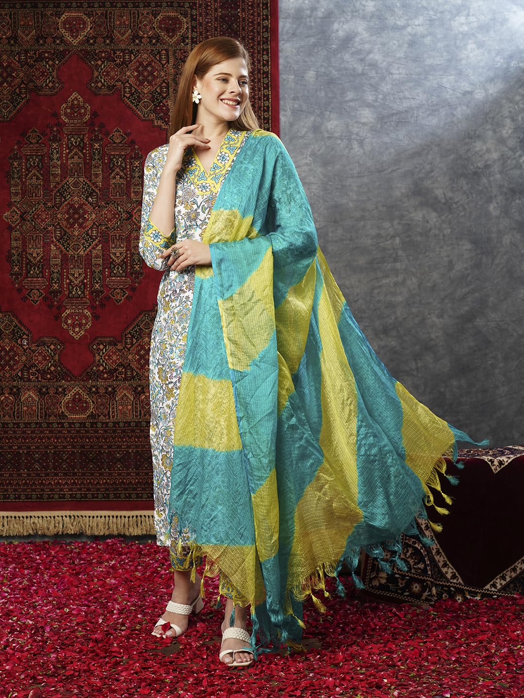 ANNI DESIGNER Ladies Rayon Blend Dupatta Kurta Trousers, green, L