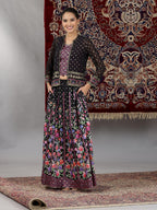 Aurelia Womens Pink Geometric Printed Sleeveless Top, Black Sheer Jacket and Flared Skirt Set