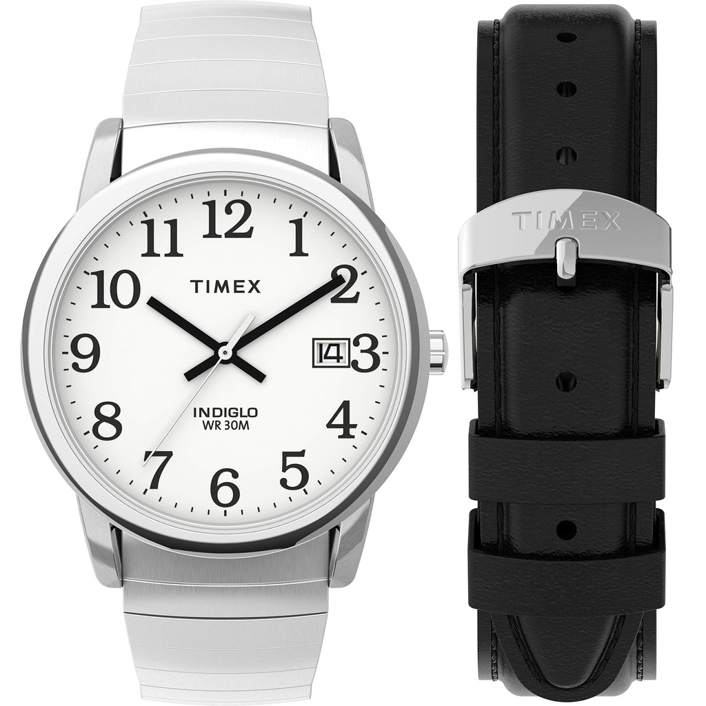Timex Men's Easy Reader 35mm Watch Box Set - Silver-Tone Case White Dial with Tapered Expansion Band + Black Leather Strap