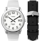 Timex Men's Easy Reader 35mm Watch Box Set - Silver-Tone Case White Dial with Tapered Expansion Band + Black Leather Strap