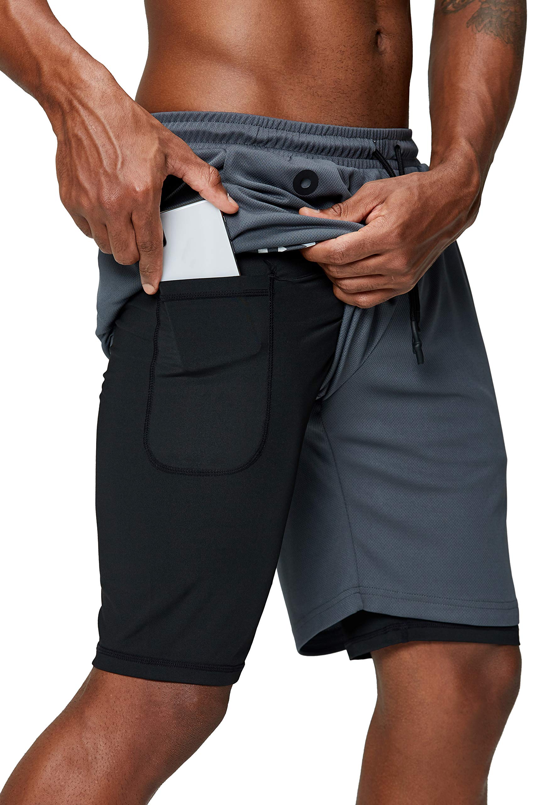 Pinkbomb Mens 2 in 1 Running Shorts gym Workout Quick Dry Mens Shorts with Phone Pocket (grey, Medium)