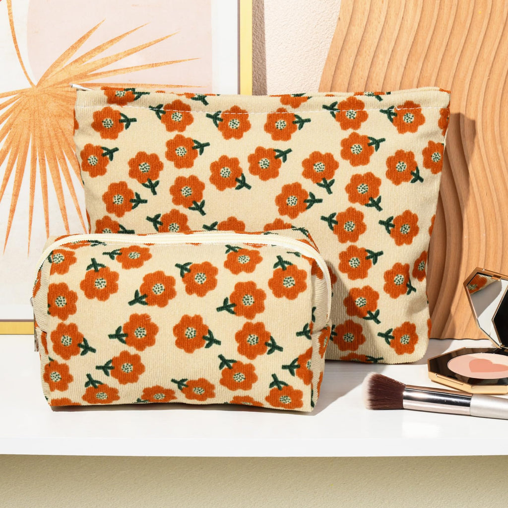 SOIDRAM 2 Pieces Flower Makeup Bag Large Corduroy Cosmetic Bag Capacity Canvas Mix Travel Toiletry Bag Organizer Cute Makeup Bru