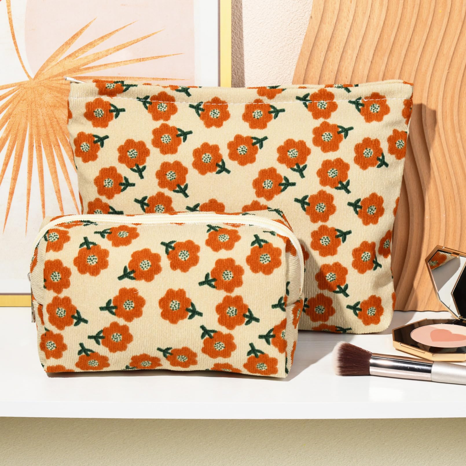 SOIDRAM 2 Pieces Flower Makeup Bag Large Corduroy Cosmetic Bag Capacity Canvas Mix Travel Toiletry Bag Organizer Cute Makeup Bru