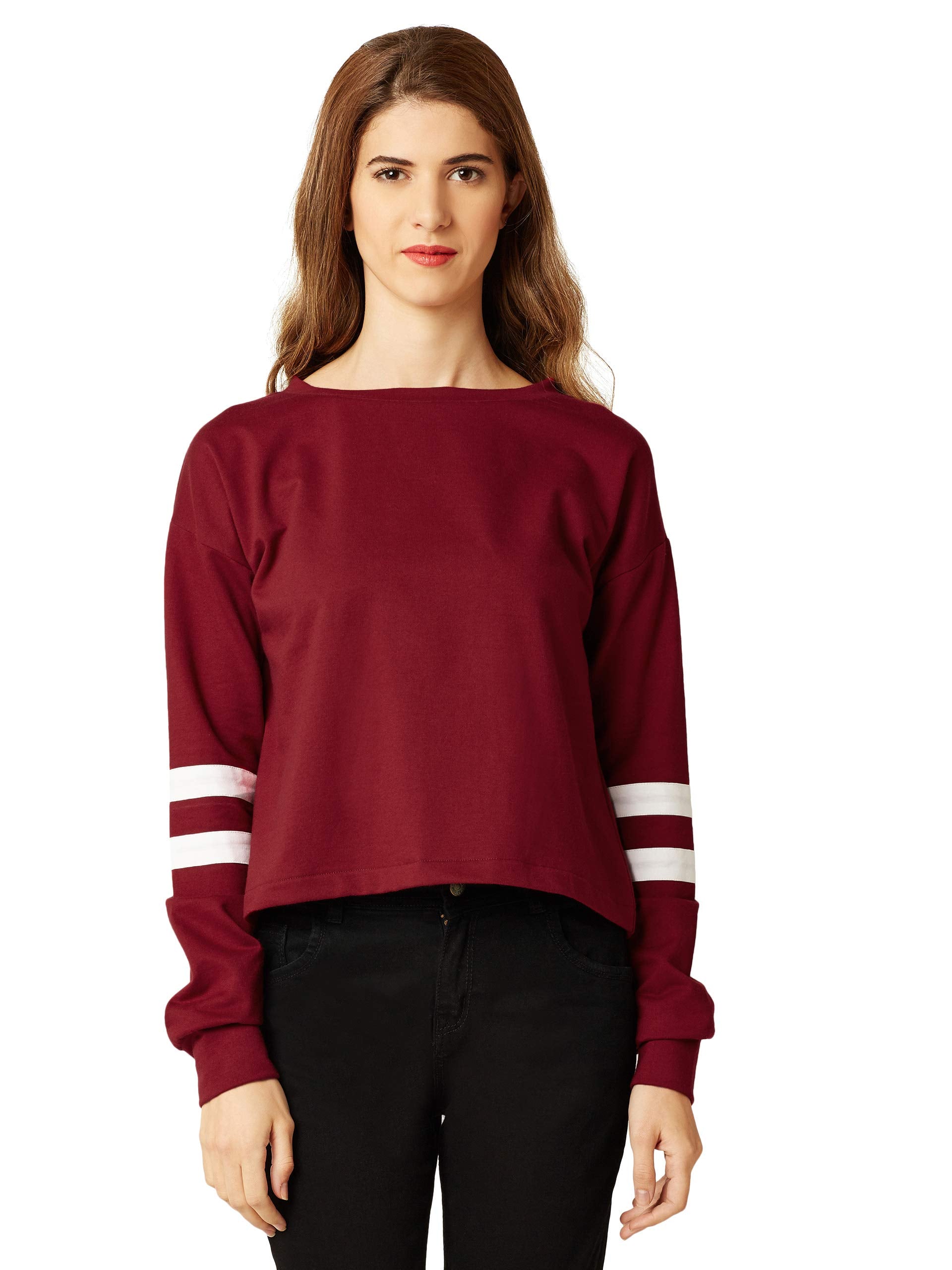 Miss Chase WomenS Multicolor Cotton Round Neck Full Sleeves Solid Paneled Boxy Fit Top (Mcaw17Tp10-08-64-06_Maroon & White_Xl)