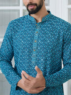 See Designs Mens Full Sleeve Mandarin Collar Men Dark Blue Embroidered Mandarin Collar Straight Long Kurta - Festive Collection