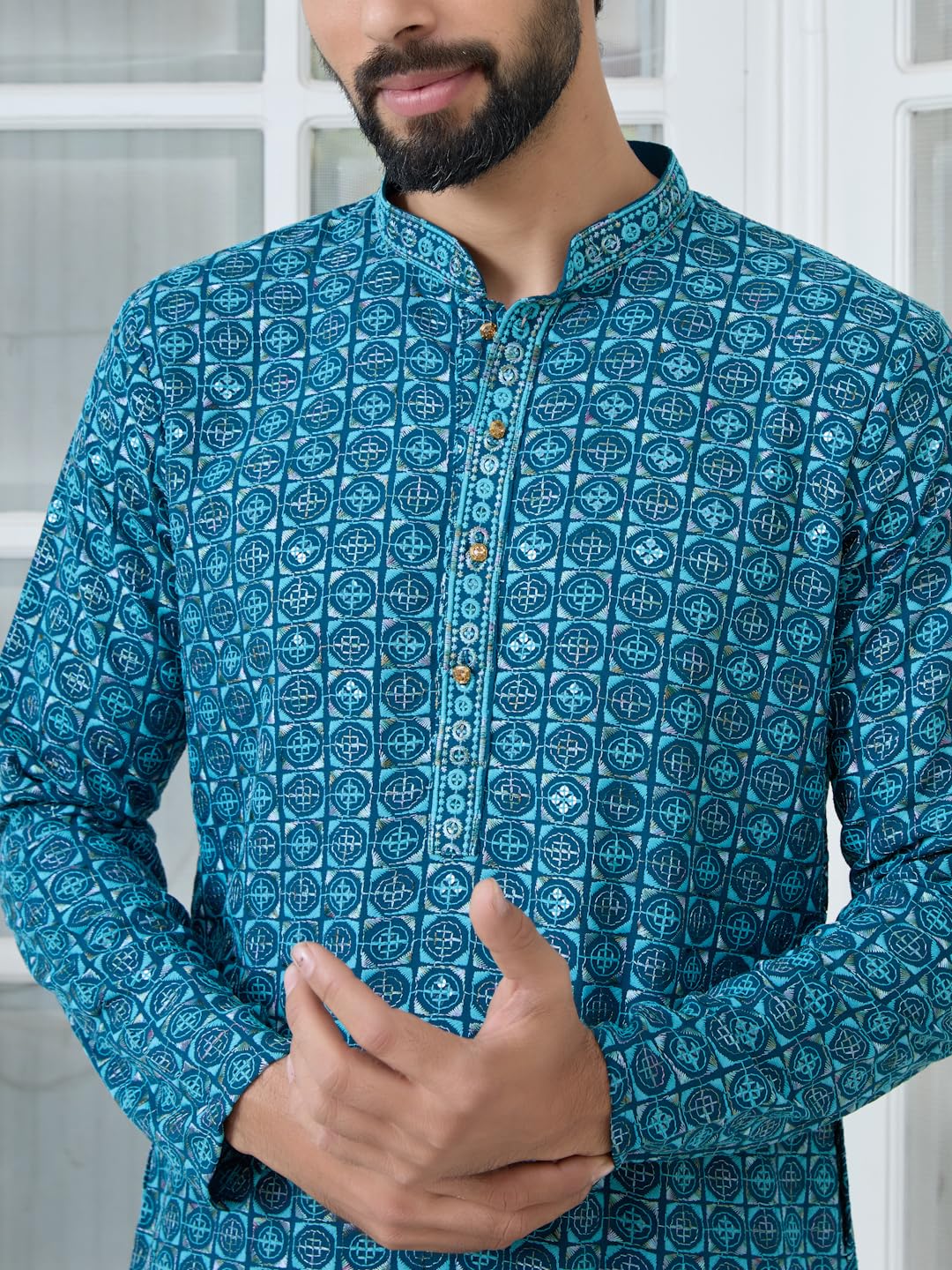 See Designs Mens Full Sleeve Mandarin Collar Men Dark Blue Embroidered Mandarin Collar Straight Long Kurta - Festive Collection