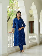 ANNI DESIGNER Women s Rayon Blend A-Line Print Kurta with Pants, Blue, L