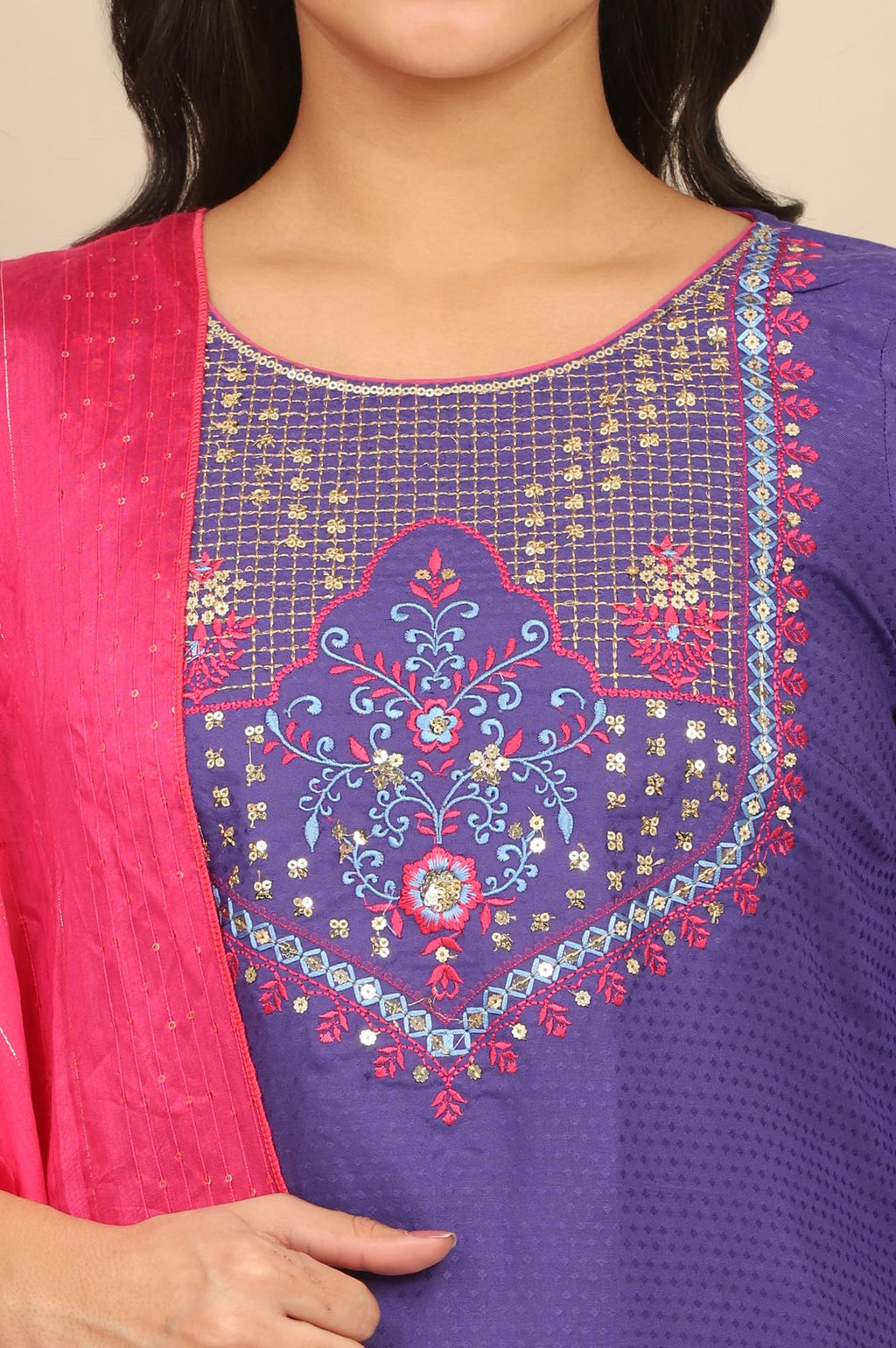 Aurelia Women'S Blue Zari Embroidered Straight Kurta, Leggings And Dupatta Set