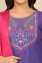 Aurelia Women'S Blue Zari Embroidered Straight Kurta, Leggings And Dupatta Set