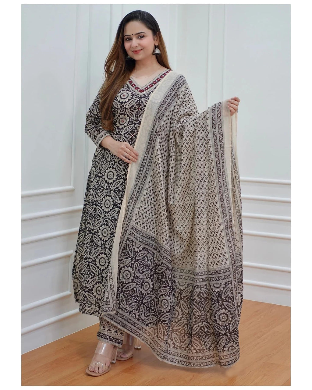 ANNI DESIGNER Womens Cotton Blend Block Printed Straight Kurta with Pant & Dupatta (Nihira Cream_S_Black_Small)
