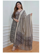ANNI DESIGNER Womens Cotton Blend Block Printed Straight Kurta with Pant & Dupatta (Nihira Cream_S_Black_Small)