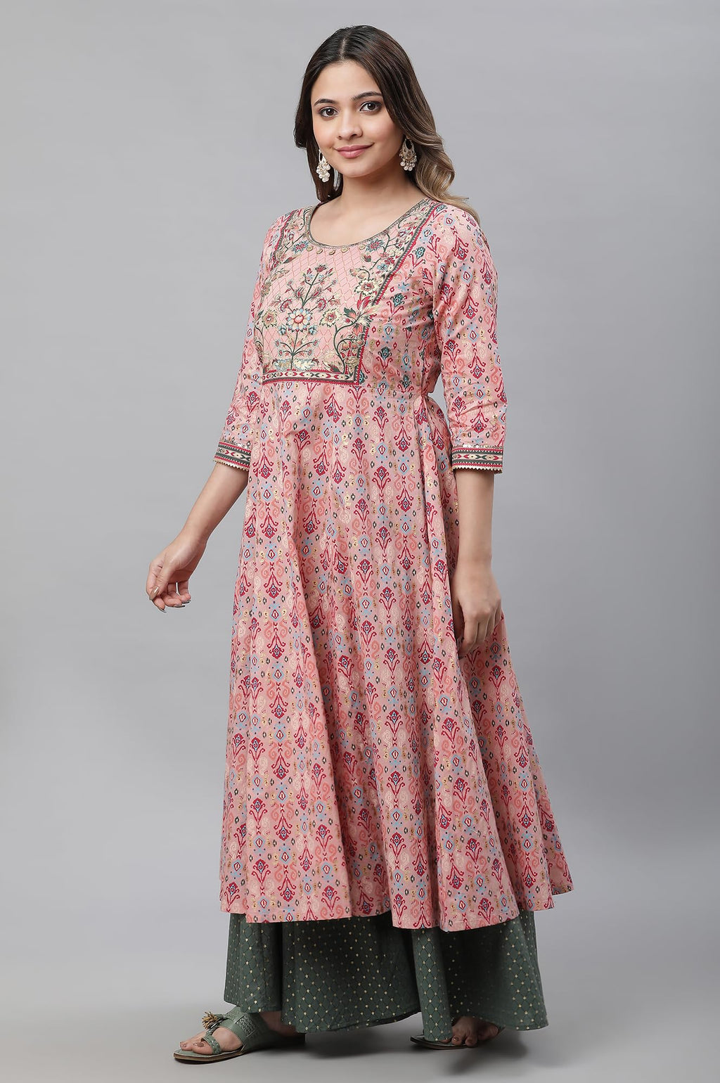 Aurelia Pink Foil Cotton Anarkali Kurta For Women