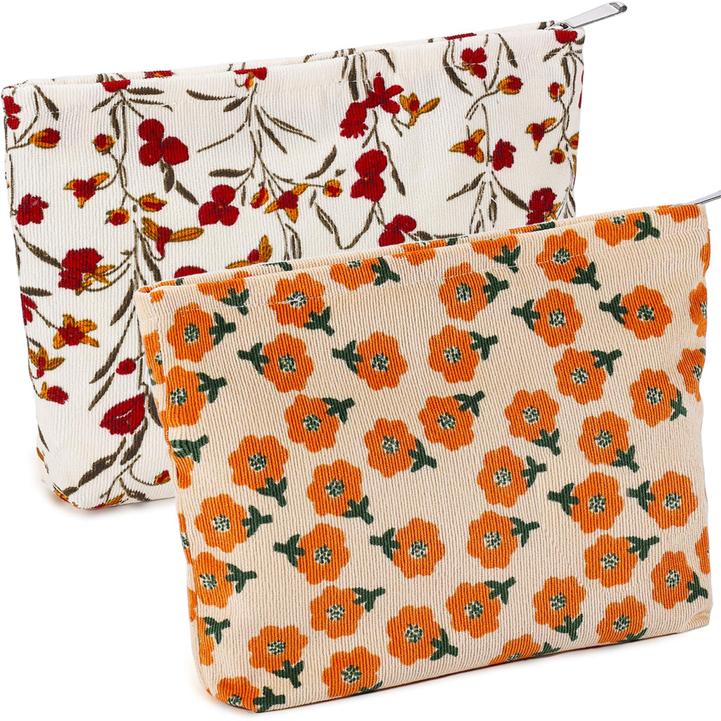 ZLFSRQ 2Pcs Daisy Flower Makeup Bag Travel Cute Cosmetic Bags for Women Large Floral Makeup Pouch Zipper Cosmetic Pouch Set for 