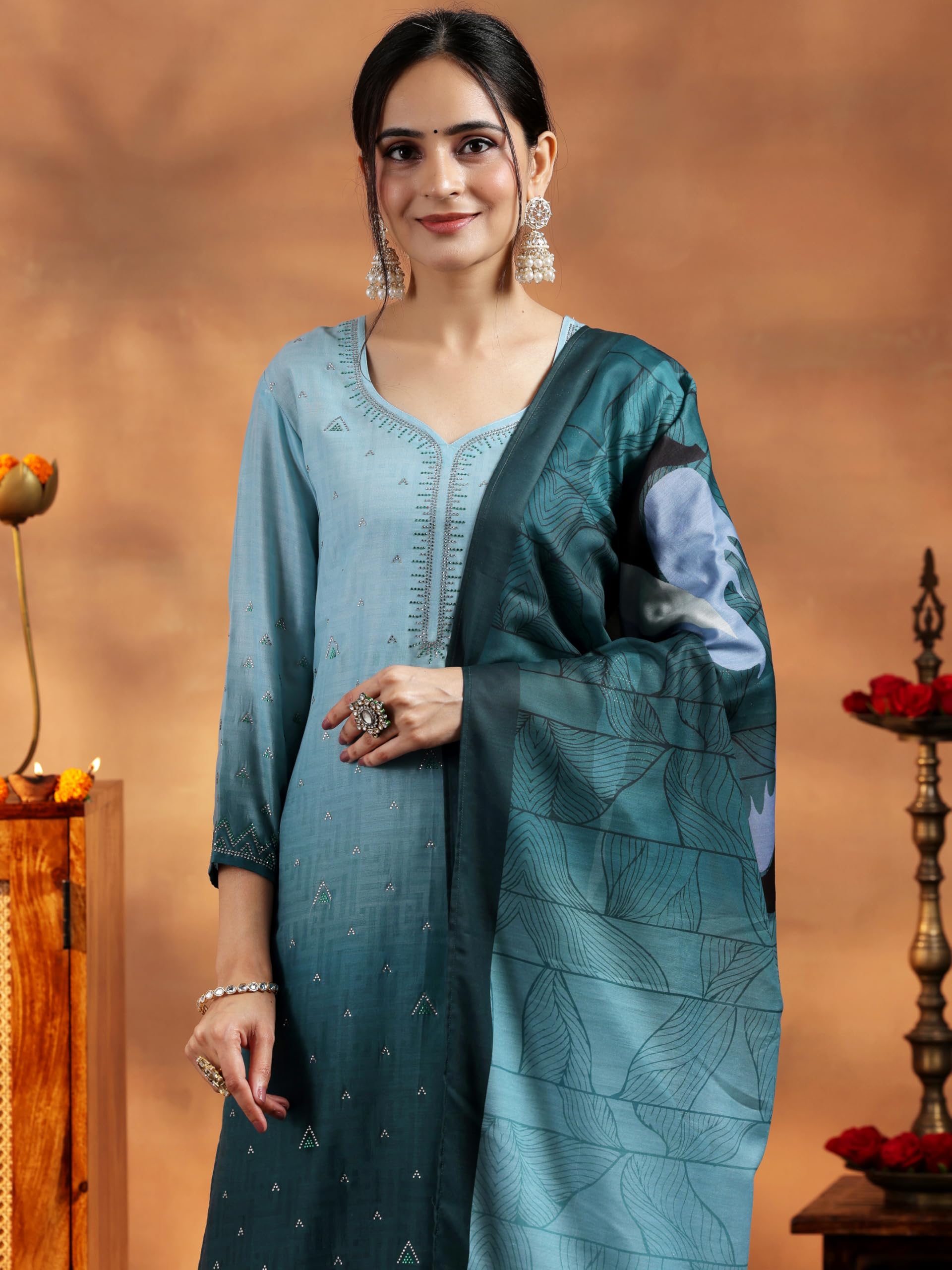 Libas Womens Embellished Muslin Straight Kurta With Trousers And Dupatta
