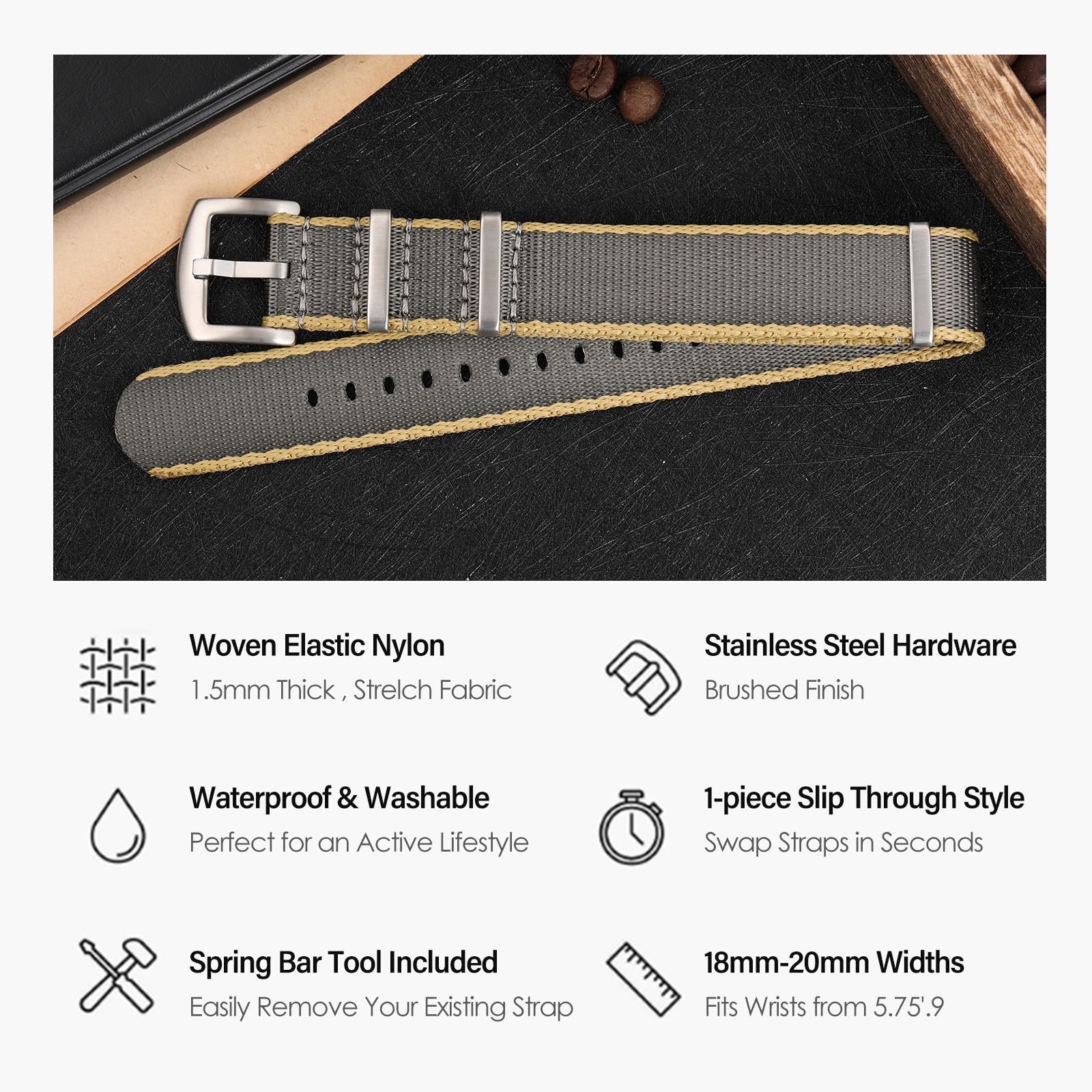 watchdives Nylon Watch Band 20mm 22mm Multicolor Replacement Watch Straps for Men Women (A8 Yellow Gray, 22mm)