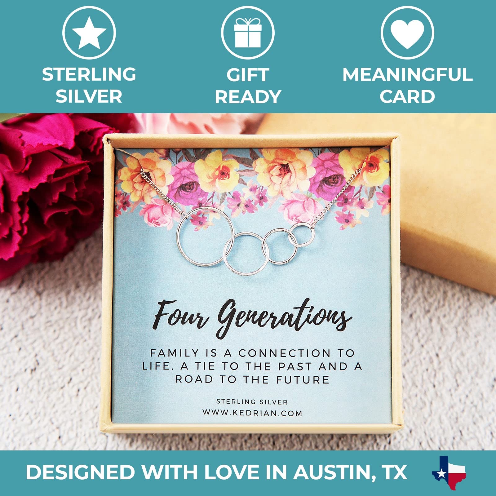 Four Generations Necklace, 925 Sterling Silver, Great Grandma Gifts From Granddaughter, Grandmother Necklace, 4 Generations Neck