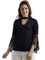 Miss Chase WomenS Black Round Neck 3/4 Sleeves Solid Lace Semi Sheer Split Sleeve Choker Style Top (Mcaw17Tp09-15-71-02, Navy B