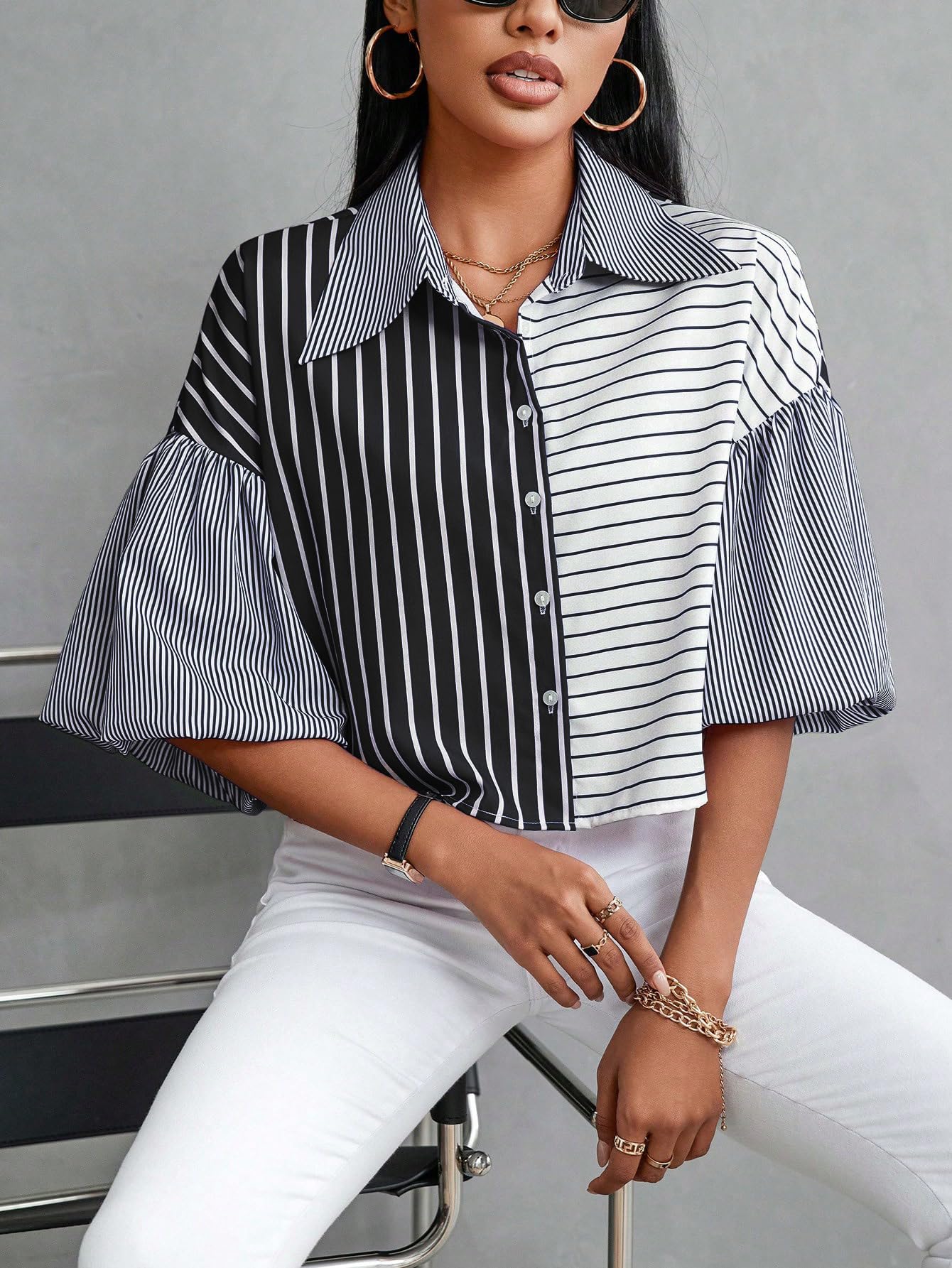 Shasmi Womens Random Striped Print Button Up Casual Shirt with Lapel Collar, Womens Fashion Striped Design Versatile Short Bat