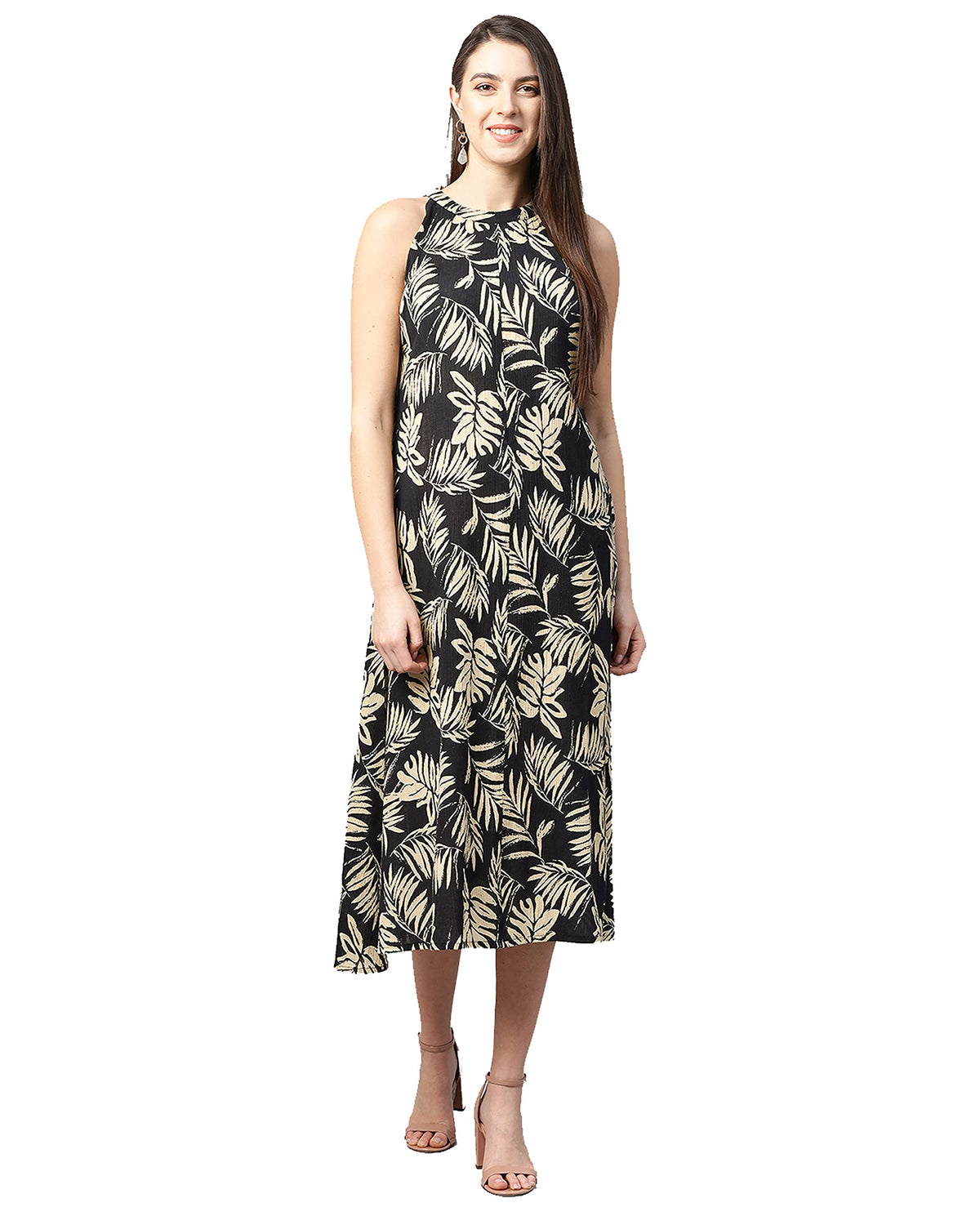 Yash Gallery WomenS Cotton Leaf Printed Calf Length Sleeveless Summer ALine Dress (Black, Xxl)