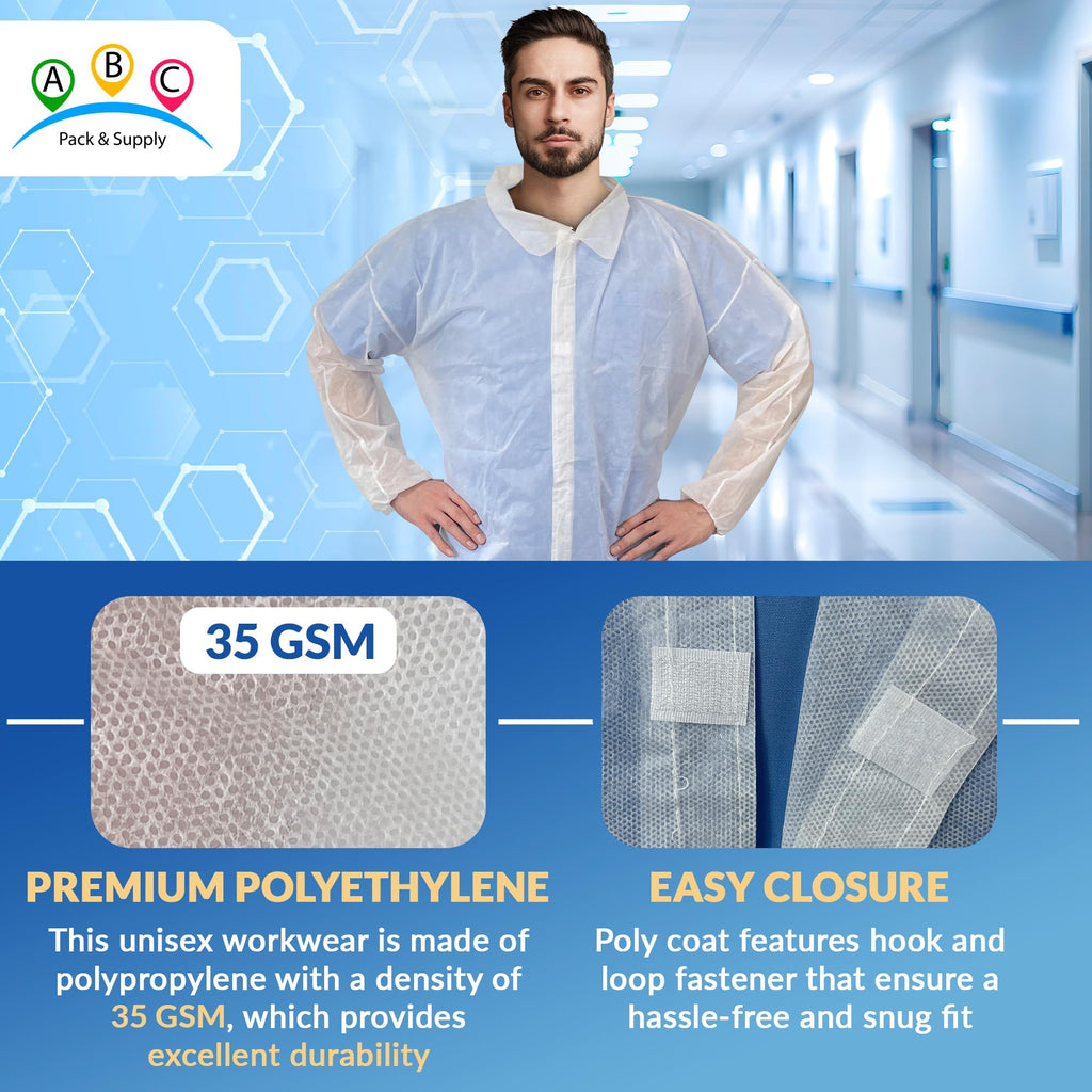 Pack of 10 White Lab coats Unisex Medium Size Disposable Polypropylene Lab coats Disposable Lab coats for Men and Women Hook and