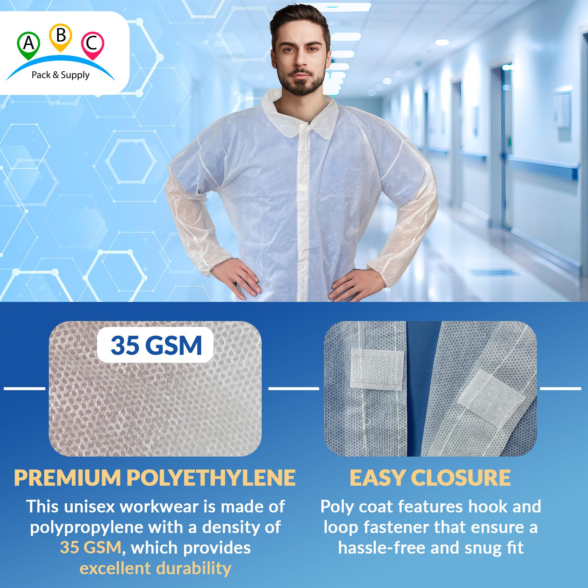 Pack of 10 White Lab coats Unisex Medium Size Disposable Polypropylene Lab coats Disposable Lab coats for Men and Women Hook and