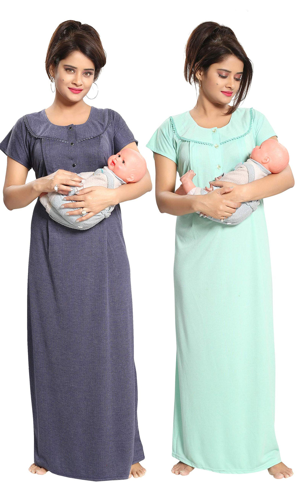 Fabme Womens Cotton Textured Maxi Casual Maternity/Feeding Nighty (Pack of 2) (NW0142_Navy Blue and Light Green_Free Size)