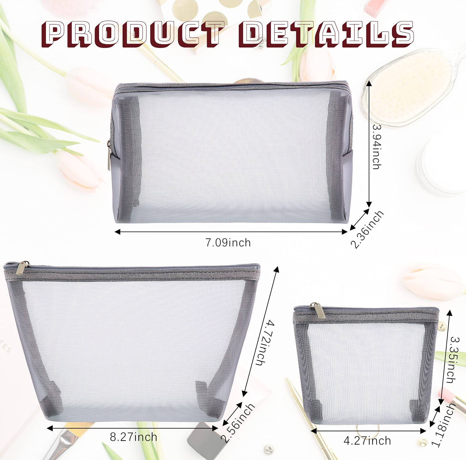 Boao 3 Pieces Mesh Cosmetic Bag Mesh Makeup Bags Mesh Zipper Pouch for Offices Travel Accessories, 3 Sizes (Grey)
