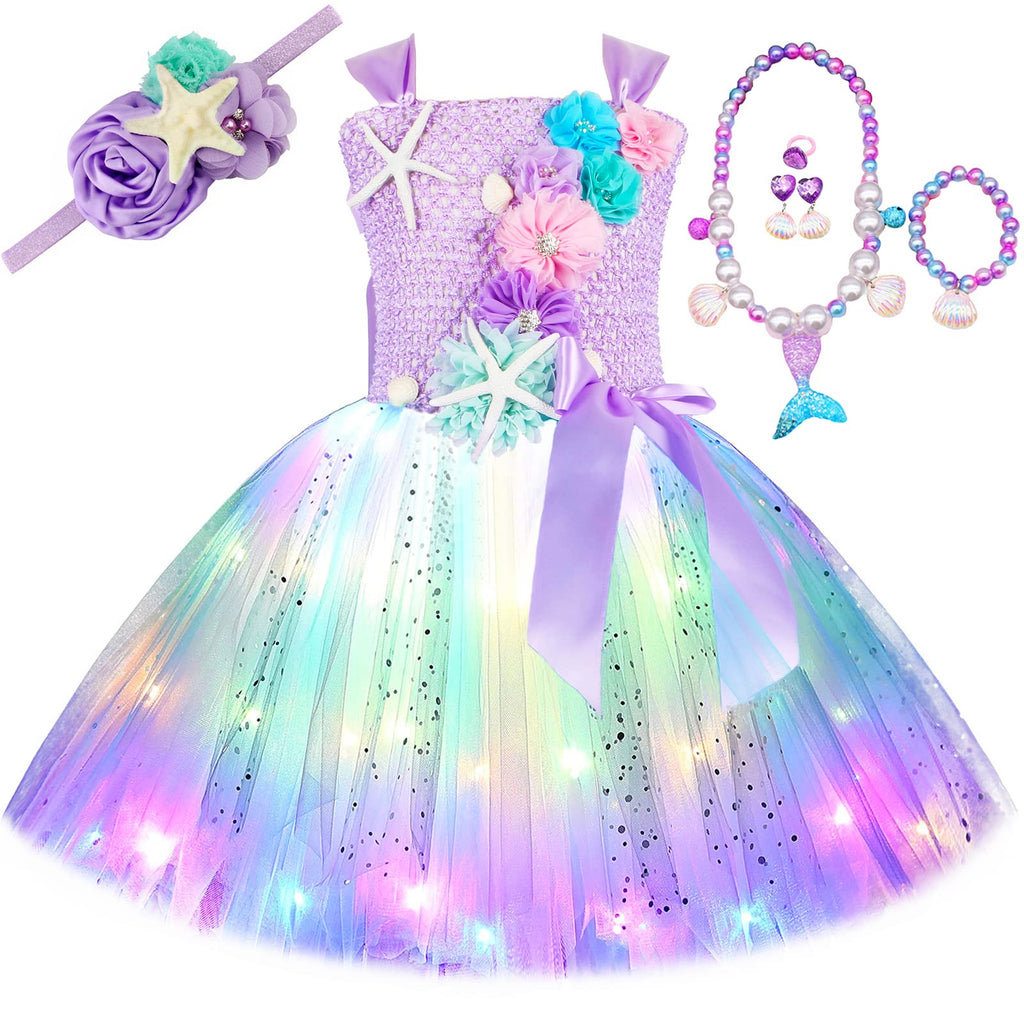 HJTT Mermaid Costume for Girls LED Light Up Little Mermaid Princess Tutu Dress Kids Halloween Birthday Party Gift Outfit (LED La