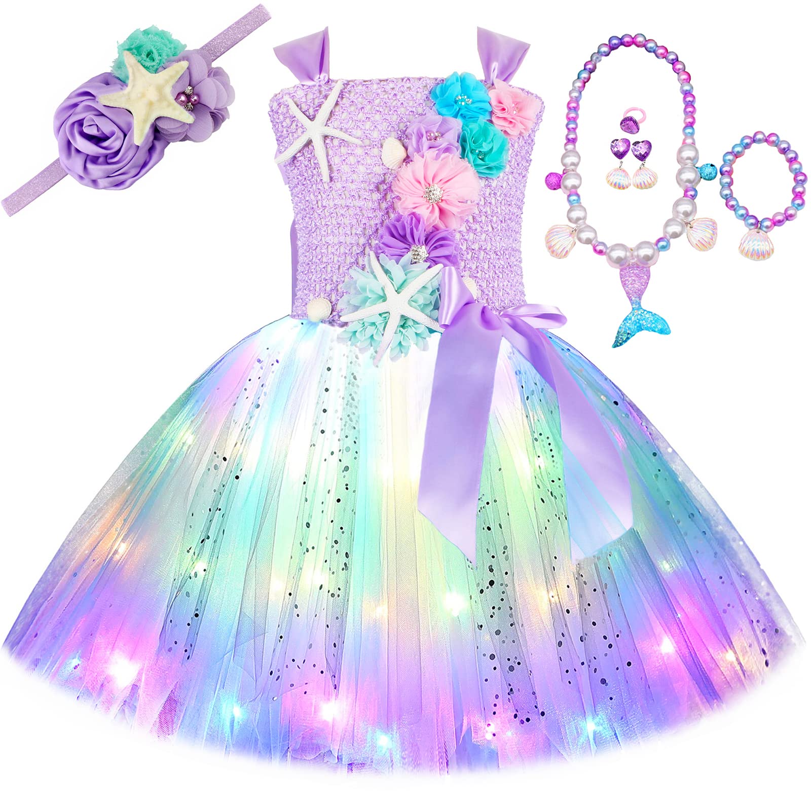 HJTT Mermaid Costume for Girls LED Light Up Little Mermaid Princess Tutu Dress Kids Halloween Birthday Party Gift Outfit (LED La