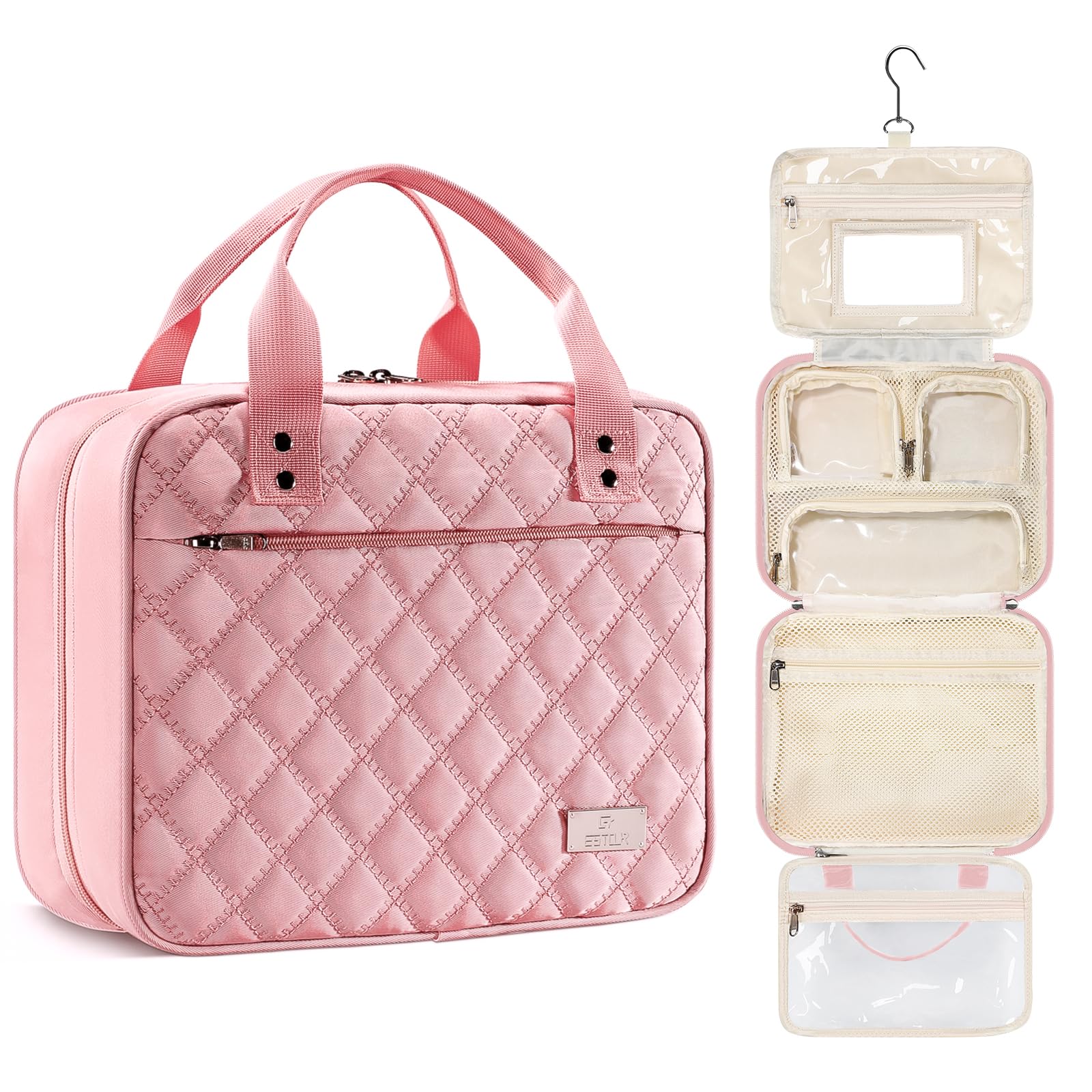 Estour Travel Toiletry Bag for Women, Makeup Bag Organizer with Detachable Mirror and Transparent Cosmetic Bag, Suitable for Tra