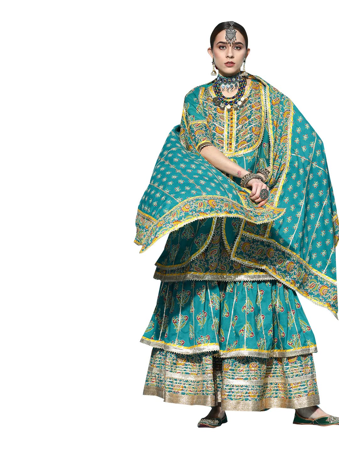 Ishin Women'S Cotton Blend Embroidered A-Line Kurta Suit Set With Dupatta & Sharara Kpldpnk-20020_Xxl_Sea Green