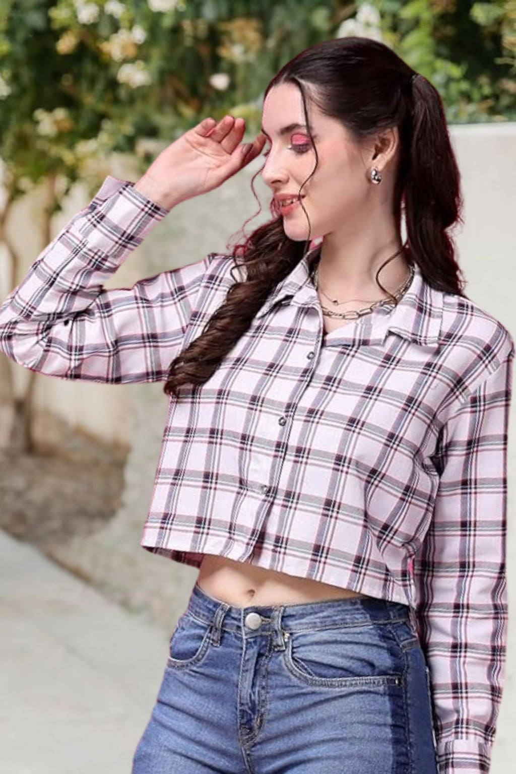 POPWINGS Casual Pure Cotton Checks Crop Shirt for Women | Stylish Western Crop Shirt for Women | Full Sleeves Crop Shirt for Wom