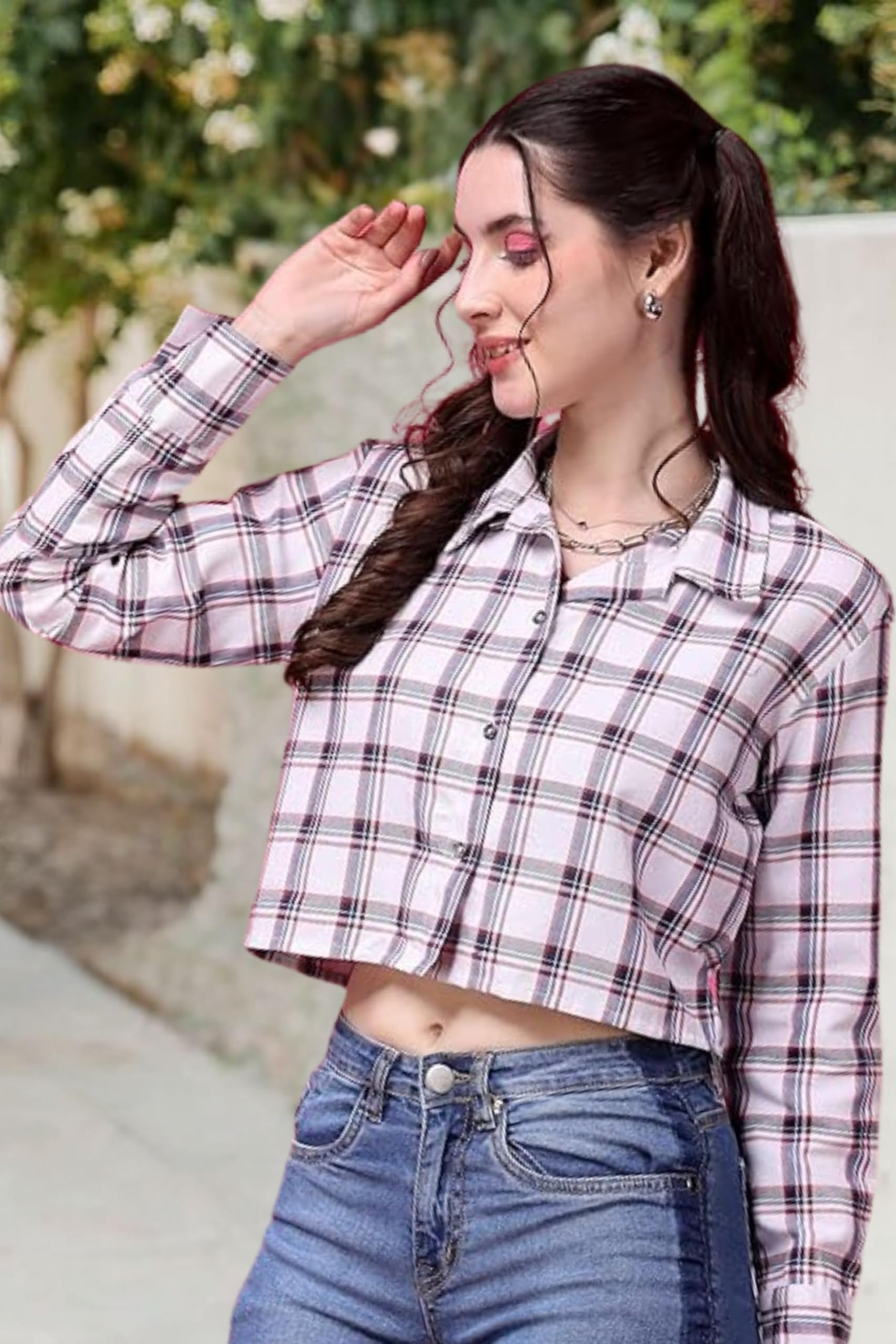 POPWINGS Casual Pure Cotton Checks Crop Shirt for Women | Stylish Western Full Sleeves